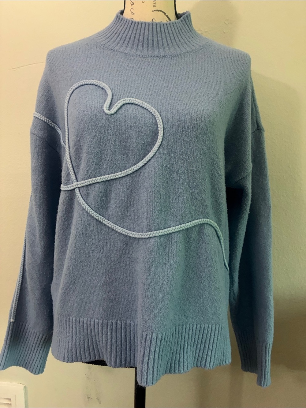 Adrienne Vittadini Light Blue Heart-Trim Mock Neck Sweater